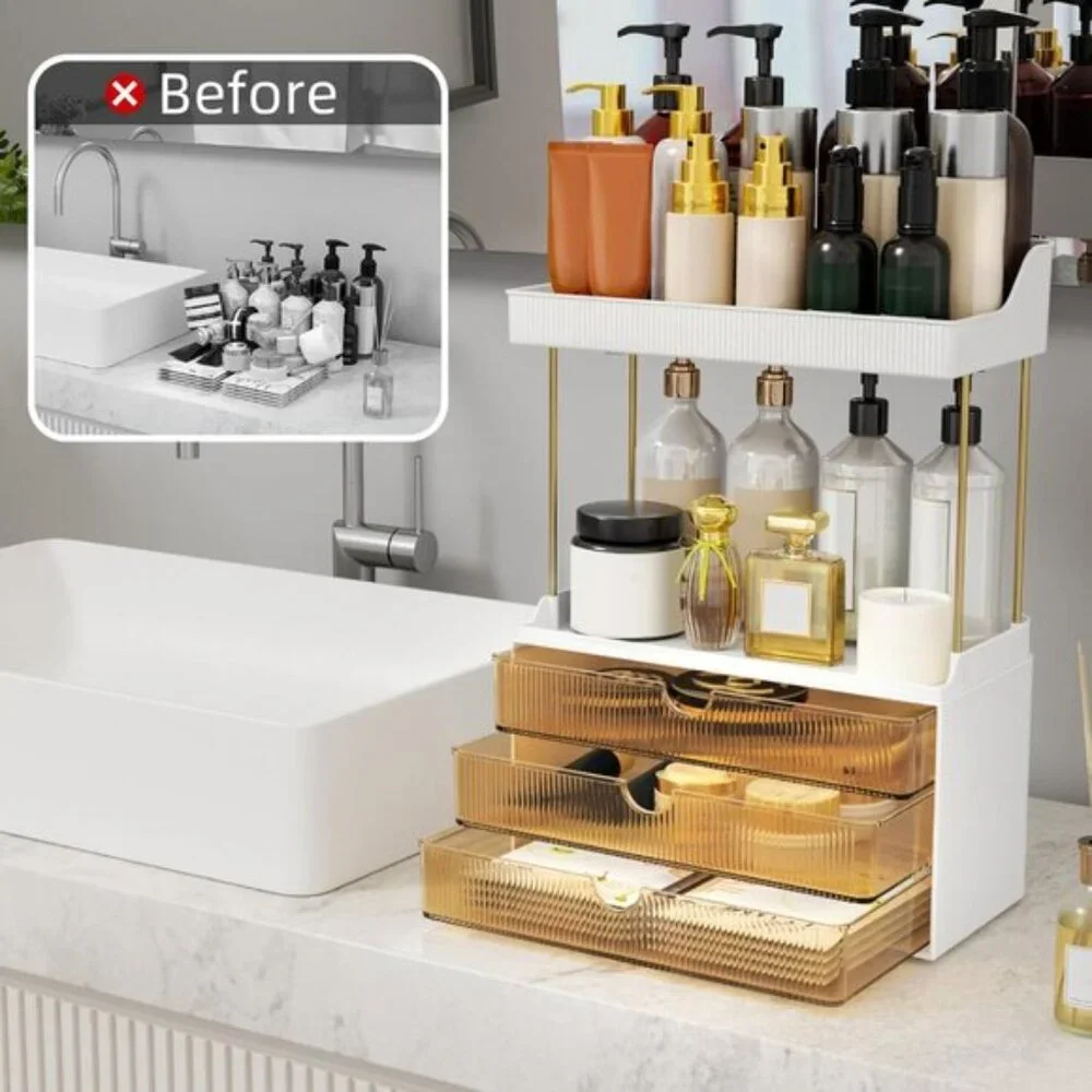 New 3-Drawer Makeup Organizer, 5-Tier Vanity & Skincare Storage in Amber